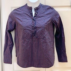 J. Crew ruffled checked half button up long sleeve top